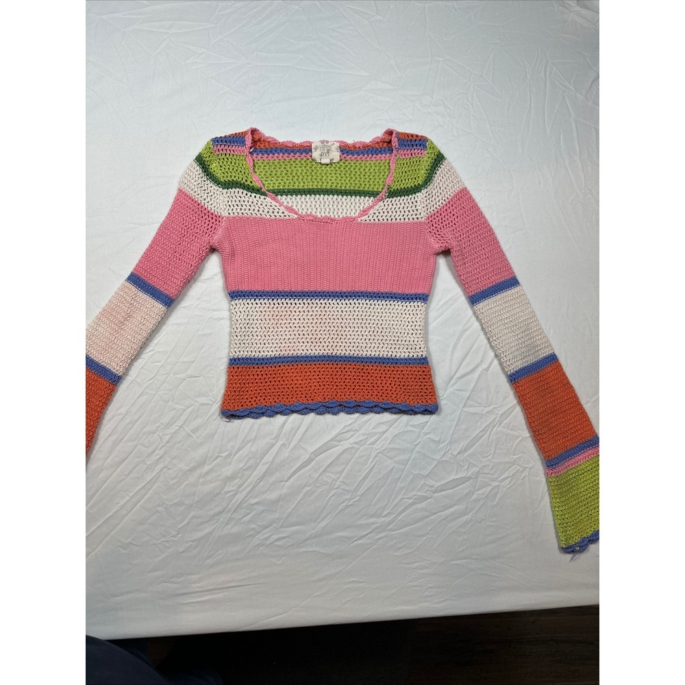 Hippie Rose Crochet Knit Striped Sweater Top Long Sleeve Multicolor XS
